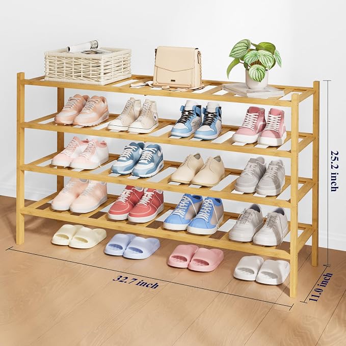 Kitsure Bamboo Wooden Shoe Rack for Closet - Stackable Shoe Organizer with Modular Structure, Space-Saving Shoe Shelf for Entryway, Living Room, Bedroom, 32.7" Wide - 4 Tiers, Natural - Image 2