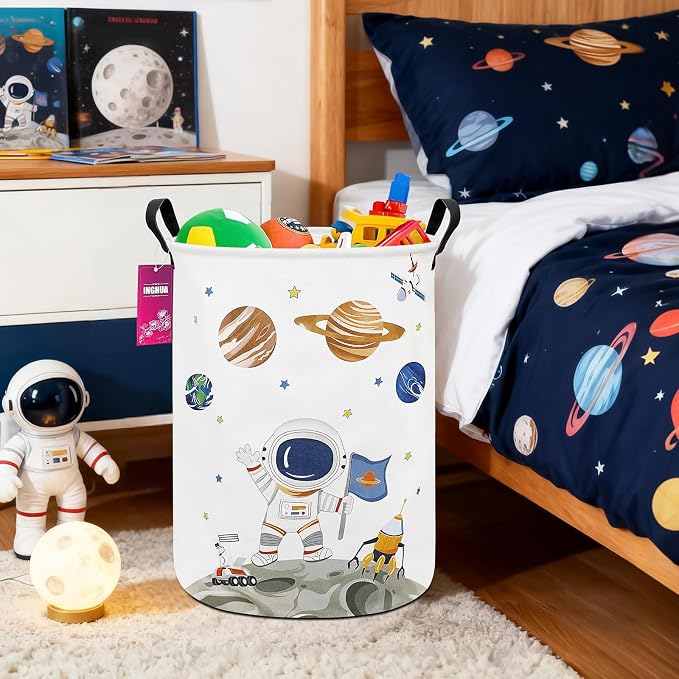 Laundry Hamper Large Canvas Fabric Lightweight Storage Basket/Toy Organizer/Dirty Clothes Collapsible Waterproof for College Dorms, Boys and Girls Bedroom,Bathroom(Space astronaut) - Image 3