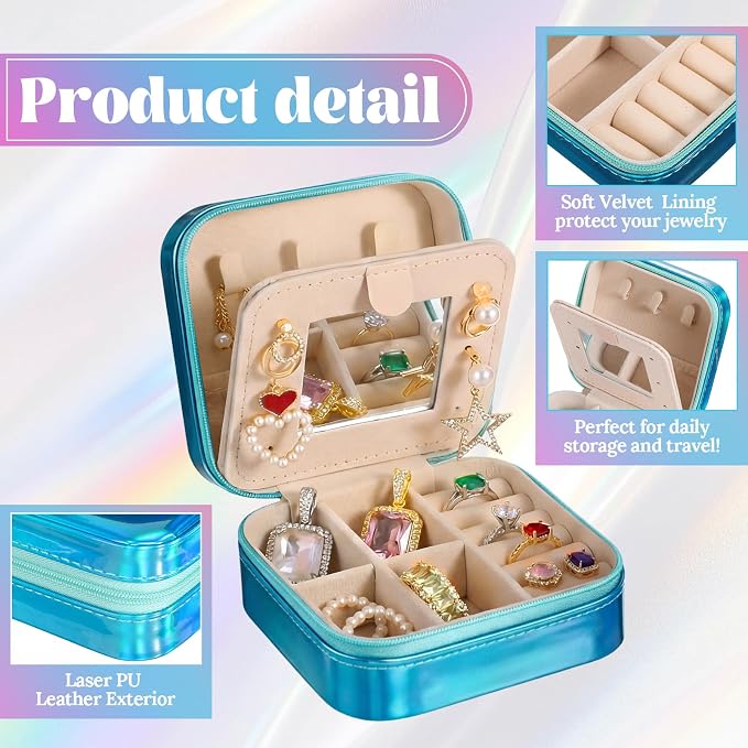 Nosiny 2 Pack Travel Jewelry Case with Mirror Small Laser Jewelry Box Organizer Gifts for Mother's Day Women Rings Earrings(Rose Red and Dark Blue) - Image 3