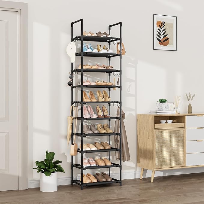 VTRIN 10 Tiers Tall Shoe Rack Holds 20-25 Pairs of Shoes Sturdy Vertical Shoe Organizer with 18pcs Hooks Stackable Narrow Shoe Rack for Closet, Entryway Black - Image 2