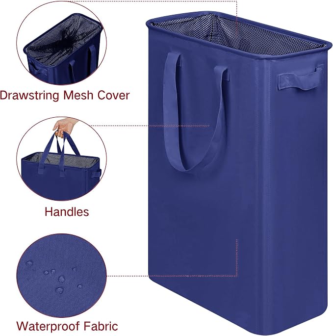 efluky Slim Laundry Basket, Narrow Laundry Hamper with Handles, Collapsible Dirty Clothes Hamper, Tall Laundry Bin for Laundry Room, Dorm and Bedroom, 12.7 Gallons(75L) Blue - Image 3
