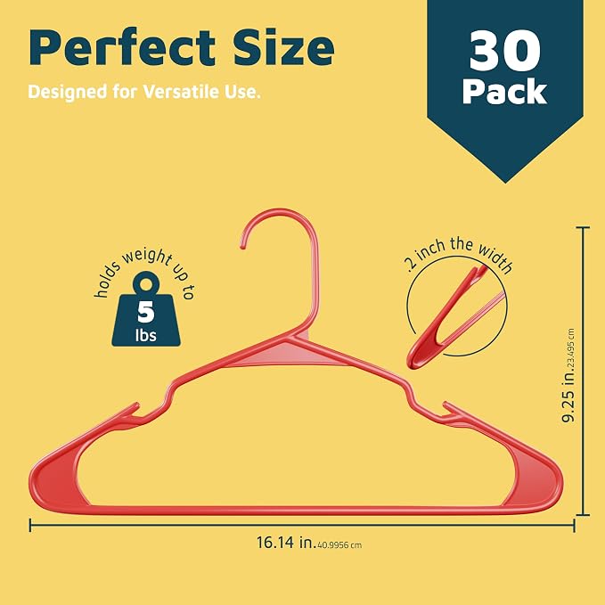 Lifemaster Plastic Clothes Hangers – Heavy Duty Hanger Set, for Organizing Clothes, Dresses, and Coat, Holds Up to 5 lbs, Space-Saving Hangers with Non-Slip Shoulder Grooves, Pack of 30, Red - Image 2