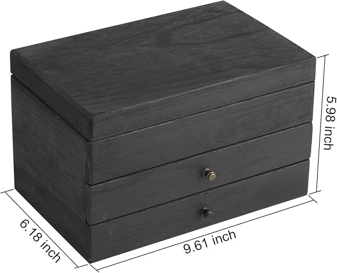 Meangood Jewelry Box Organizer for Women, 3 Layer Large Jewelry Storage Case, Rustic Wooden Jewelry Box with Mirror & Ring Tray for Necklace Earring Bracelets Rings, Vintage Style (Black) - Image 6