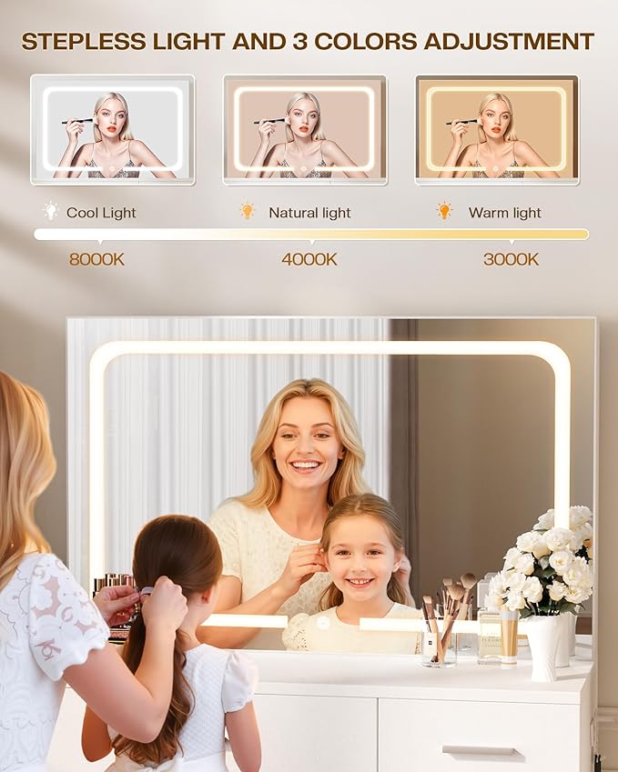 LIVELYGLOW Makeup Vanity Desk with Charging Station & LED Mirror – 35.4" Vanity Set with 4 Drawers, 3 Lighting Modes – Modern Bedroom Furniture (15.7" D x 35.4" W x 53.9" H), White