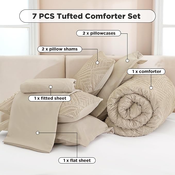 Andency Oversized Queen Size Comforter Set with Sheets Khaki - 7 Pieces Bed in a Bag Oversized Queen Boho Tufted Lightweight Bedding Sets with Comforter, Sheets, Pillowcases & Shams