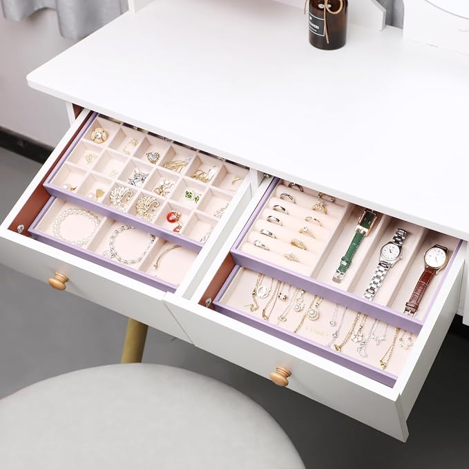 LANDICI Stackable Jewelry Organizer Trays 4 Set,PU Leather Jewelry Organizer Drawer,Jewelry Storage Display Tray for Earring Necklace Rings Bracelet with Removable Dividers,Lavender - Image 6