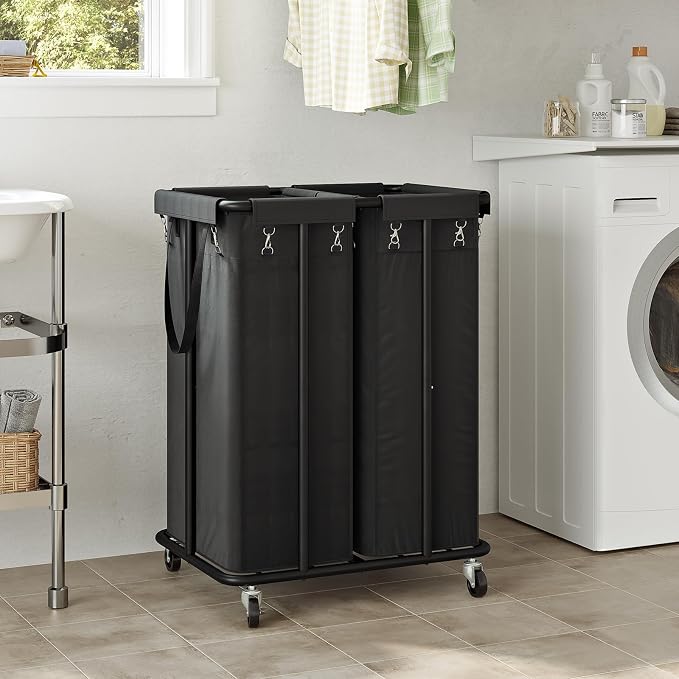 WOWLIVE Double Laundry Hamper with Wheels 170L Rolling Laundry Basket Organizer Laundry Cart with Steel Frame and Removable Bags Large Dirty Clothes Hamper Dorm Room Storage for Bedroom (Black) - Image 2