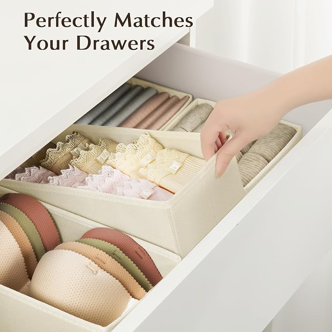 DIMJ Drawer Organizers Clothes, Dresser Organizer Bins for Baby Clothes,Underwear and Sock, Fabric Closet Organization and Storage Boxs, Drawer Dividers for Nursery, Clothing, Tie - 4 Pack, Beige - Image 5