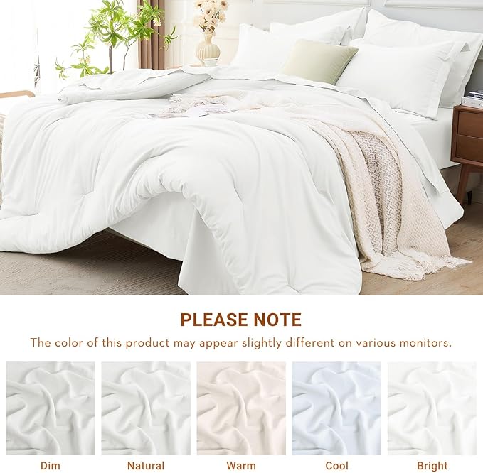 MUXHOMO 7 Pieces California King Comforter Set, Soft Bed in a Bag Cal King Size, All Season Bedding Set with Comforter, Flat Sheet, Fitted Sheet, Pillowcases & Shams, White