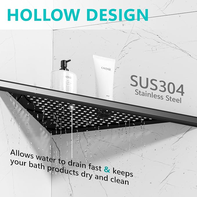 Qeke Bathroom Corner Shelf, Recessed 12" Shower Shelf Caddy, SUS304 Stainless Steel Shelf Wall Mount Triangular, No Drilling, Matte Black - Image 4