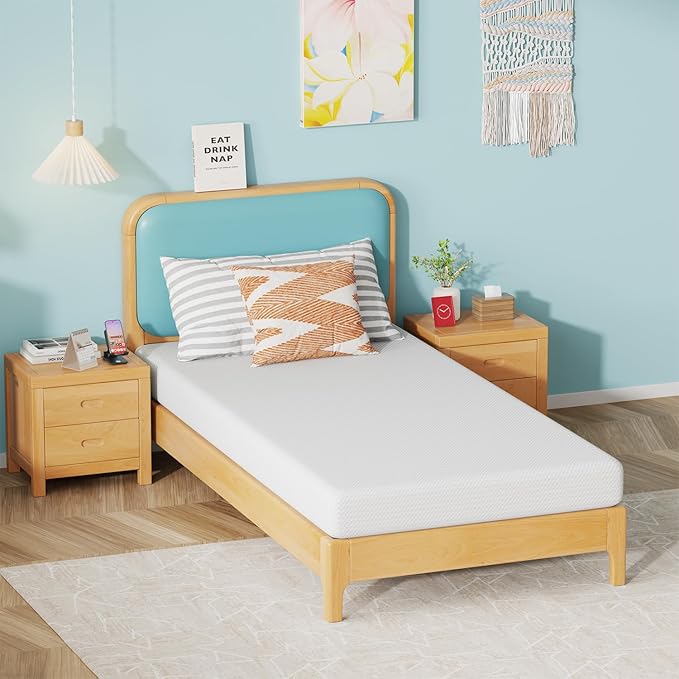 FDW 6 Inch Twin Mattress, Medium Firm Gel Memory Foam, Cooling Ventilated Foam, Pressure Relief, White, Removable Washable Cover, Bed in a Box, CertiPUR‑US Certified