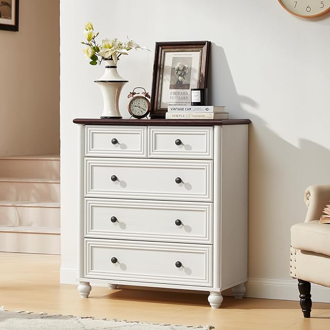 RWYHG Farmhouse 5 Drawer Dresser for Bedroom Set of 2, 35.5" Tall Small Dressers & Chest of Drawers, Rustic Wood Dresser with Roman Column, Storage Organizer for Living Room, Hallway, Closet (White)