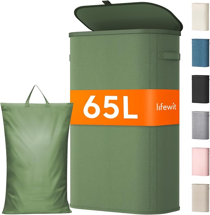 Lifewit Slim Laundry Basket with Lid, Narrow Large Laundry Hamper with Plastic Handles and Removable Bag, Tall Foldable Dirty Clothes Hampers for Laundry Room, Bedroom, Bathroom, Dorm, 65L Green by Lifewit
