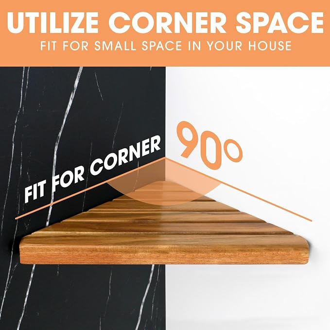 ENKEZI Acacia 2,3 Tiers Corner Shower Shelf, Triangular Corner Shelf Wooden Bathroom Shelf for Tiled Wall, Shower Corner Shelf, No Drilling Requied (3) - Image 4