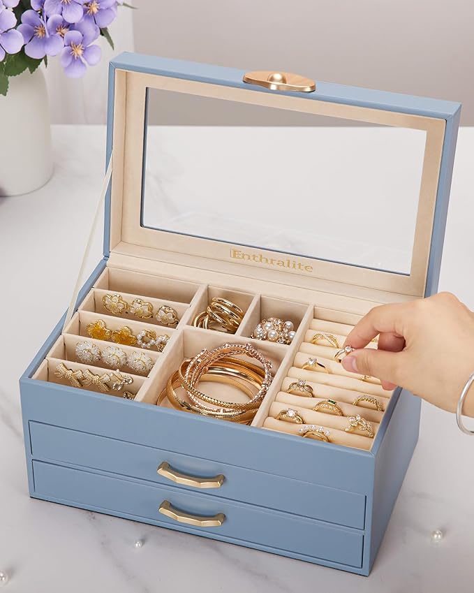 Enthralite Jewelry Box with 2 Drawers: Jewelry Display Organizer for Earrings Necklaces - Gifts for Girls Women (Grey Blue) - Image 7