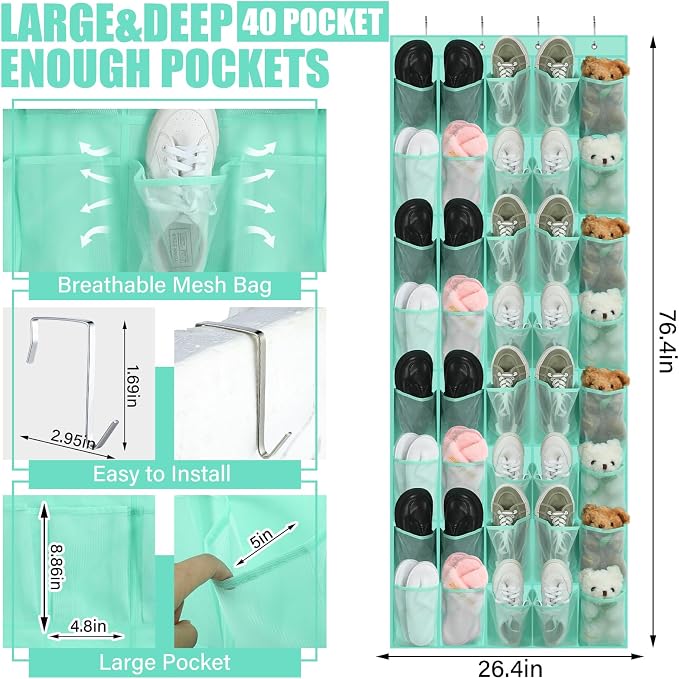 Windyun 40 over the Door Shoe Organizer Large Mesh Pocket Hanging Shoe Rack for Closet Turquoise Nonslip Behind Door Storage Holder Back to School Organizer for Dorm Room College Classroom Storage - Image 2