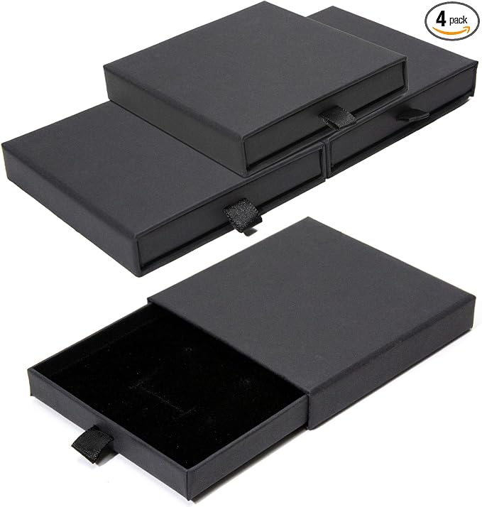 4 Pcs Jewelry Gift Box, 3.5×3.5x0.7Inch Cardboard Jewelry Boxes, Fancy Necklace Bracelet Earring Drawer Organizer Box, Kraft Empty Jewellery Boxes for Necklace Ring Earring Display Box(Black) by Rimoev