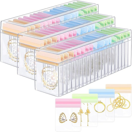 Kenning 63 Pcs Acrylic Jewelry Case Organizer, Clear Jewelry Organizers Holder with Portable Anti Tarnish Storage Bags for Rings, Earrings, Necklaces, Ideal Gifts for Women (Four Color Mixture) by Kenning
