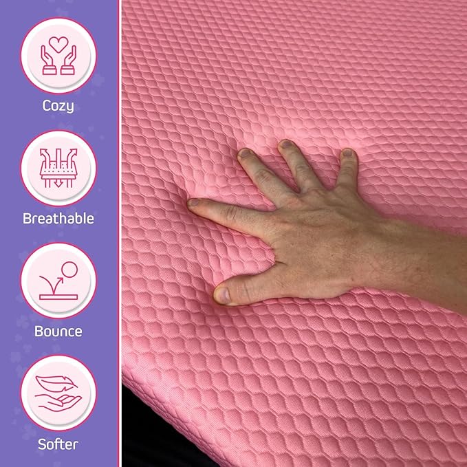Lash Bed Foam Topper – 2.5 Inch Thick Memory Foam Massage Table Pad with Corner Straps & Anti-Slip Base, Comfortable Spa or Facial Bed Topper for Lash Extensions & Salon Use – Pink