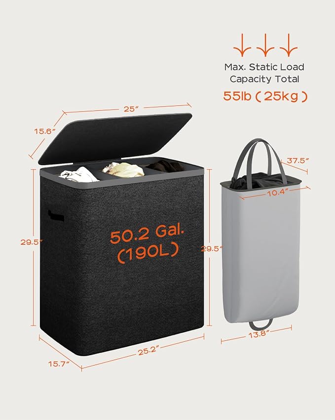 CASAMAYA Laundry Basket with Lid, Laundry Hamper 3 Section, 190L collapsible Laundry Organizer, Easy Assembly,with Handles and Removable Liners, 25.2 x 15.7 x 29.5 Inches, Black JSP904B - Image 6