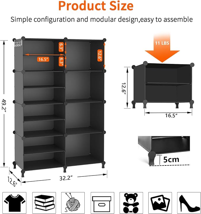 AWTATOS Closet Organizer, 8 Cube Closet Organizers and Storage, Closet Storage Shelves, Clothes Storage Organizers for Closet Bedroom Living Room Office Black - Image 3