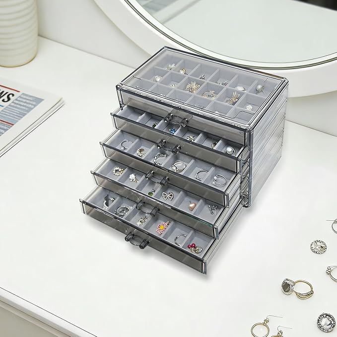 Acrylic Earring Holder Organizer with 5 Drawers Clear Earring Organizer Box with 90 Adjustable Grids Velvet Earring Display Case Jewelry Organizer for Earrings Rings Studs (Brown Gray) - Image 6