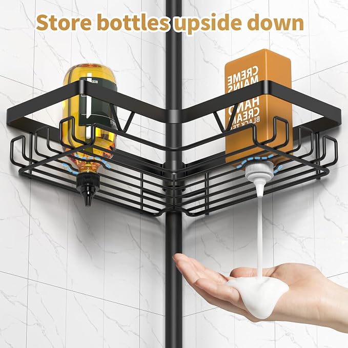 DAOYA Shower Caddy Tension Pole, 4 Adjustable Corner Shower Caddy with 2 Towel Bars & 2 Soap Holders, Expands 25 to 114.2 Inches, Black Stainless Steel for bathroom/Tub/Corner - Image 6