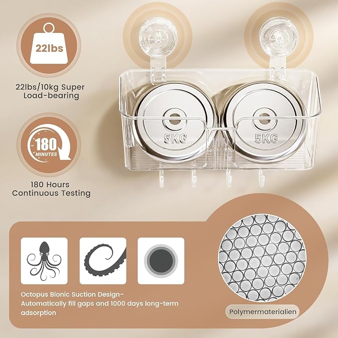 LUXEAR Suction Cup Shower Caddy Clear - Shower Caddy+Soap Dish+Suction Hooks - 1 Second Installation NO-Drilling Removable Powerful Waterproof Shower Organizer for inside Shower Bathroom - Image 5