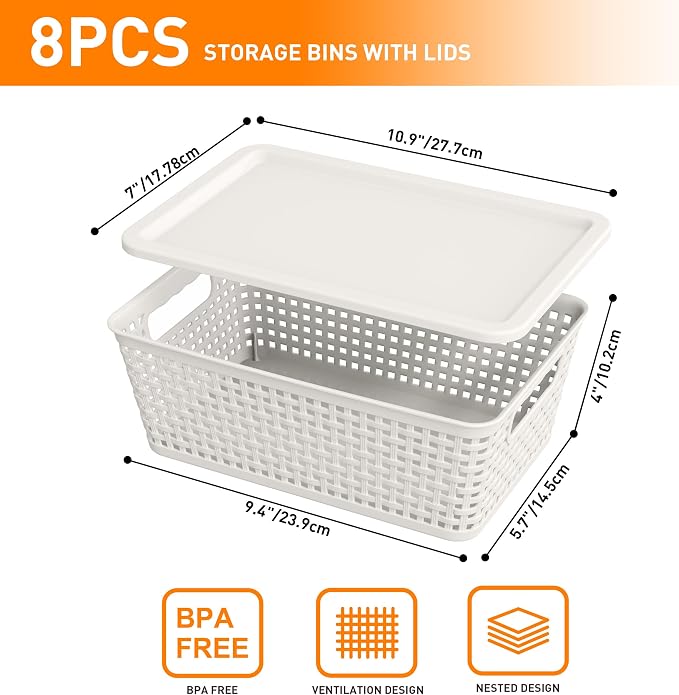 Plastic Storage Baskets With Lid, Storage Bins for Organizing, Stackable Decorative Containers for Shelves Drawers Desktop Closet Playroom Classroom Office, 8 Pack-White - Image 2