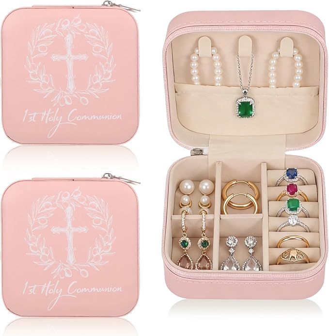 2 Pcs First Communion Travel Jewelry Box, Small Pink Case with Zipper & Soft Lining, Christian Keepsake Organizer for Rings Earrings Necklaces, Religious Keepsake Gift for Girls (2, Pink) by Unknown