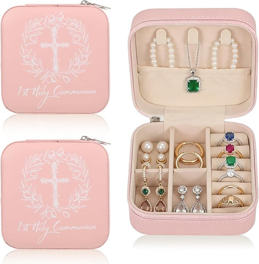 2 Pcs First Communion Travel Jewelry Box, Small Pink Case with Zipper & Soft Lining, Christian Keepsake Organizer for Rings Earrings Necklaces, Religious Keepsake Gift for Girls (2, Pink) by Unknown