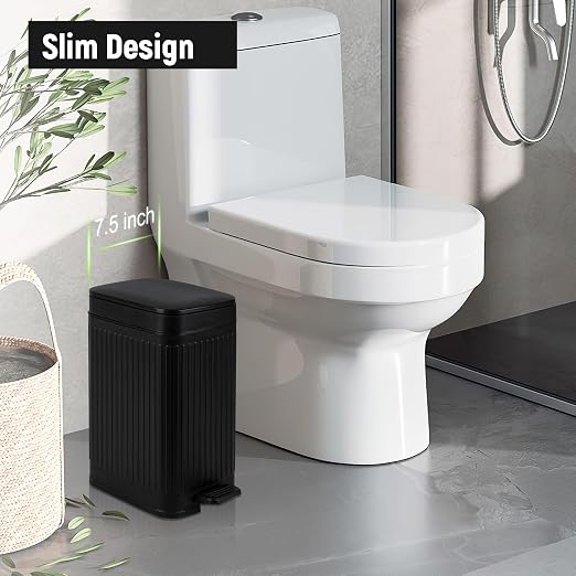 rejomiik Small Bathroom Trash Can with Lid Slim Soft Close Garbage Can Step Wastebasket Container Trash Bin for Office Bedroom Kitchen Living Room (1.9 Gallon Black) - Image 2