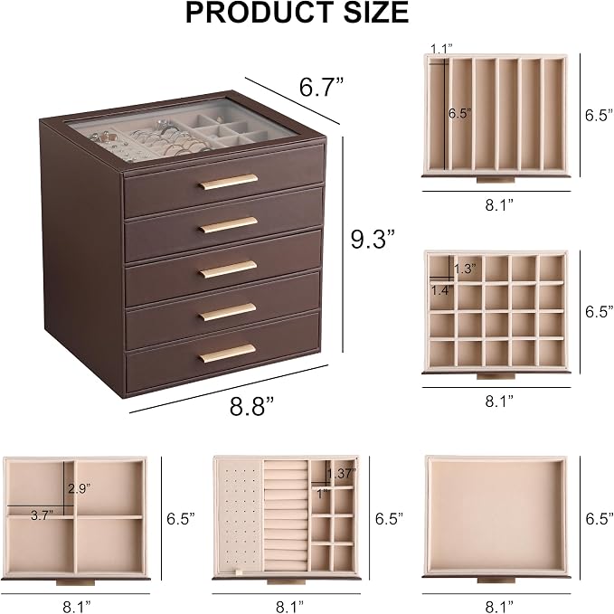 Frebeauty Clear Lid Jewelry Box,5-Layer Jewelry Organizer with Drawer,PU Leather Jewelry Organizers and Storage,Jewelry Boxes for Women,Jewelry Storage for Rings Earring Stud,Gift for Women(Brown) - Image 3