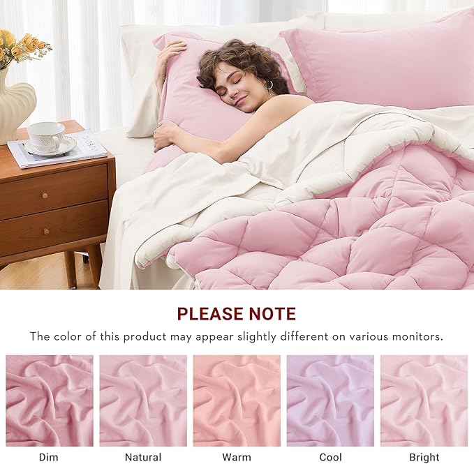 MUXHOMO 5 Pieces Twin Comforter Set, Reversible Bed in a Bag Twin Size, All Season Bedding Set with Comforter, Flat Sheet, Fitted Sheet, Pillowcases & Shams, Light Pink & Ivory