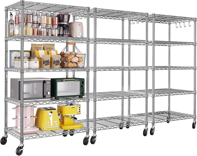 PrimeZone 3 Pack Steel Storage Wire Shelving 5 Tier Metal Shelves with Wheels,Adjustable Kitchen Utility Shelving Unit,Pantry Rack Rolling Metal Shelf Laundry,Chrome 24" Wx18 Dx75 H by PrimeZone