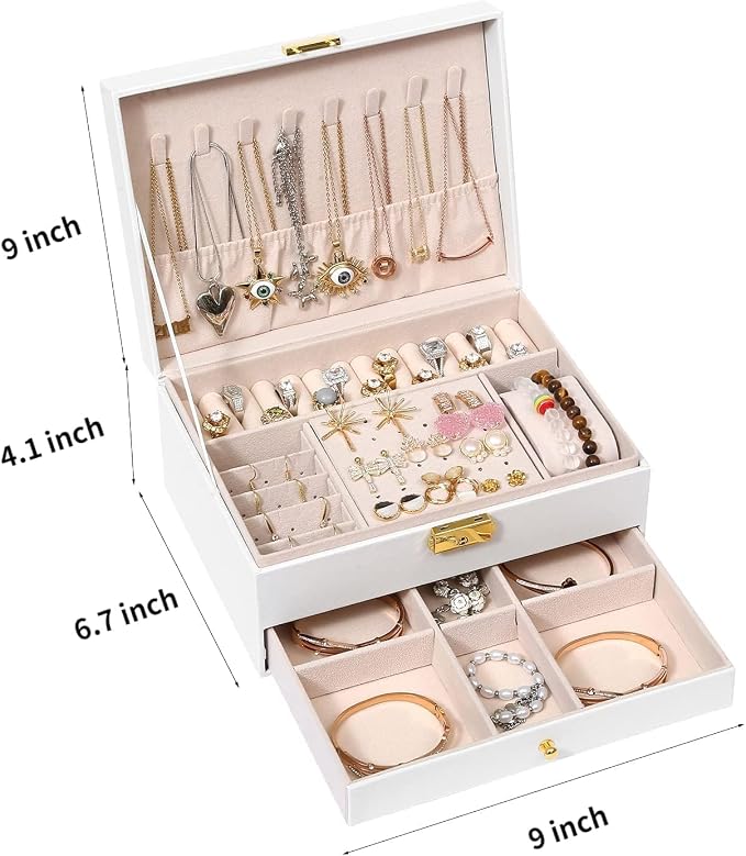 GUOER Jewelry Box for Women Girl Wife - Large PU Leather Jewelry Organizer Storage Case with Two Layers Display for Earrings Bracelets Rings Watches Mother's Day (White) - Image 4