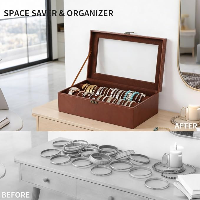 AUTOARK Bracelet & Watch Storage Box with Glass Lid & 2 Anti-Roll Rods,PU Leather Jewelry Case,Soft Lined Locking Organizer for Women,Gift for Dresser & Cabinet Display,Coffee,MKAW143 - Image 6