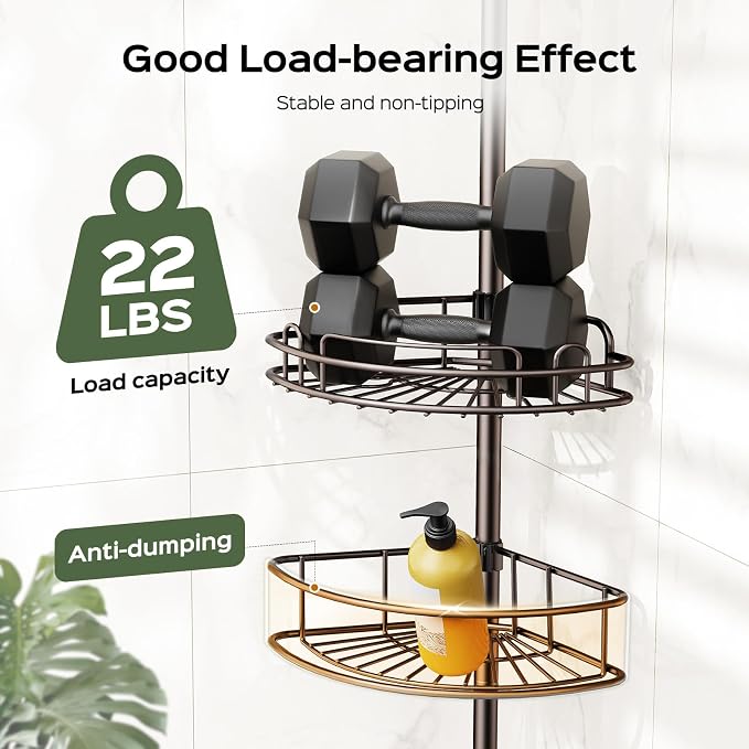 HAMITOR Corner Shower Caddy Tension Pole: 4-Tier Rust-Resistant Adjustable Bathroom Organizer Shelves - 47-121 Inch No-Drill Quick Installation - Space-Saving Storage for Renters Families - Bronze - Image 6