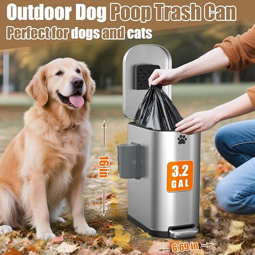 Dog Poop Trash Can Outside with Odor Control Lid & Step Pedal, 3.2Gal Stainless Steel Outdoor Trash Can, Waterproof Dog Waste Container Station - Includes Carbon Filters & Paw Stickers - Image 6