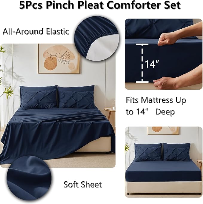 CozyLux Twin XL Comforter Set Navy Blue, 5 Pieces Twin Extra Long Pintuck Bed in A Bag for College Dorm, Pinch Pleat Bedding Set with Comforter, Sheets, Pillowcase & Sham