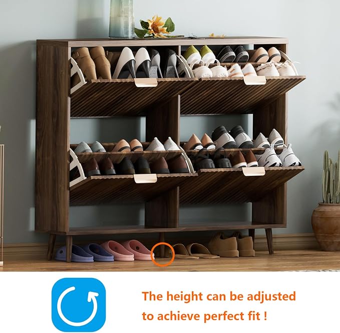 Shoe Cabinet Storage,Modern Freestanding Organizer with 4 Flip Drawers,Narrow Shoe Rack Cabinet for Entryway,Walnut - Image 3