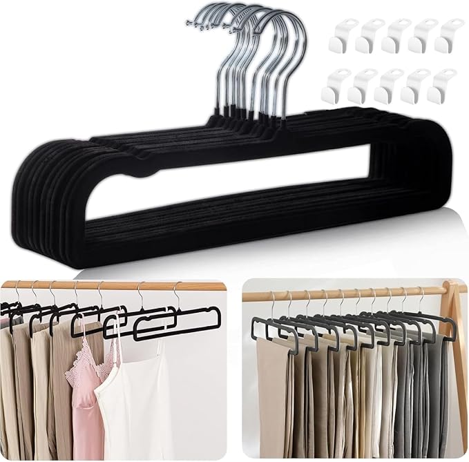 Velvet Hangers Non Slip - 20 Pack Pants Hangers for Closet - Thin Space Saving Clothes Hanger - Strong, Durable, Jean Perchas with 360 Degree Rotatable Hook for Tank Top (Black Silver Hook) by WJWSKI