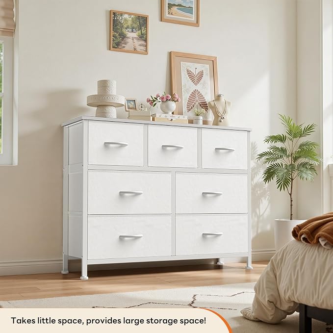 Sweetcrispy 7 Drawer Dresser with Fabric Bins Fabric Storage Tower Organizer for Bedroom Closet Hallway Entryway Tall Chest of Drawers with Steel Frame Wood Top Easy Pull Handles,White - Image 4