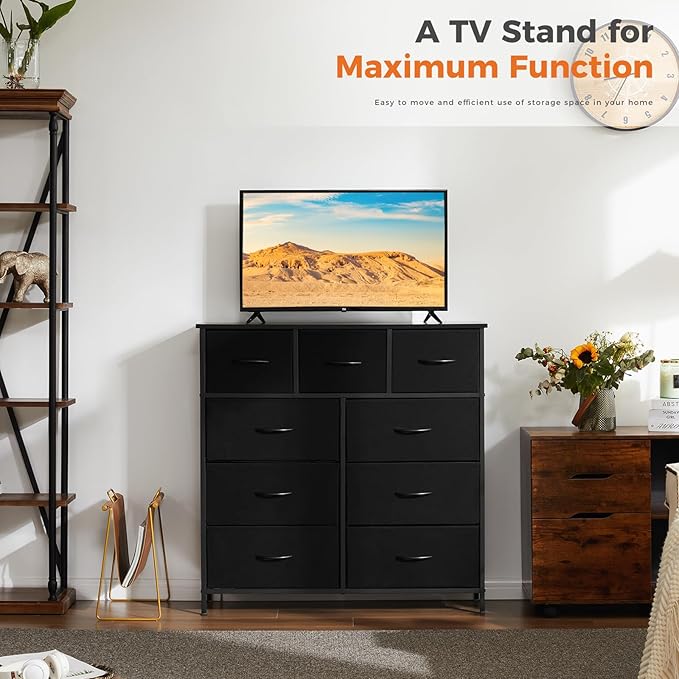 Sweetcrispy Dresser for Bedroom with 9 Storage Drawers, Tall Large Fabric Storage Tower Organizer, Chest of Drawers with Metal Frame Wooden Top for Closet, Living Room, Entryway, Black