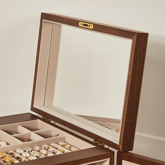 Black Walnut Wooden Jewelry Box, Wood Jewelry Organizer with 2 Side Doors Mirror Lockable Classical Style for Watch Necklace Ring Earring Storage Mothers Day Gifts for Mom-5 Layer - Image 7