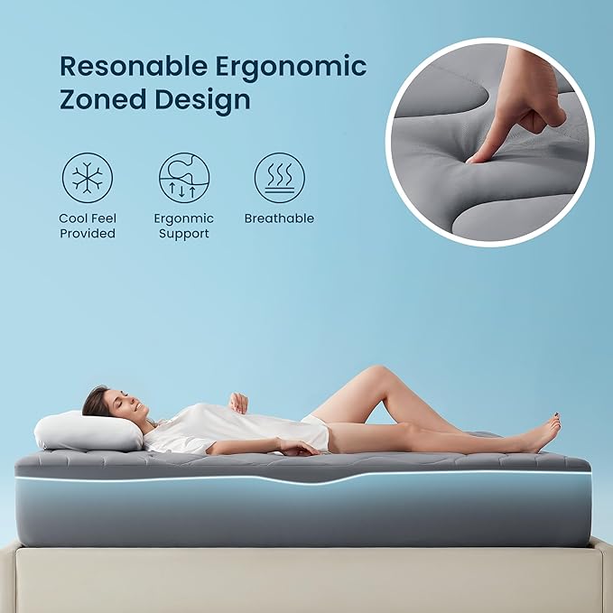 Sleep Zone Cooling Mattress Pad California King, Support Mattress Topper, Breathable and Soft Mattress Protector, Deep Pocket Bed Cover, Machine Washable (Dark Grey, California King)