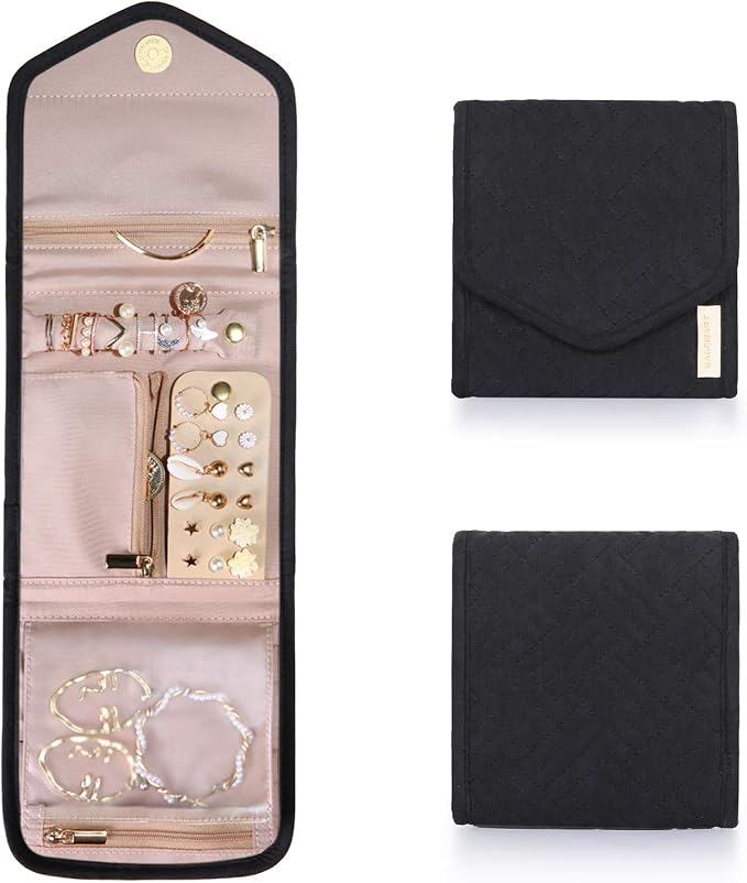 BAGSMART Travel Jewelry Organizer Case Foldable Jewelry Roll for Journey Rings, Necklaces, Earrings, Bracelets, Mini, Black by BAGSMART