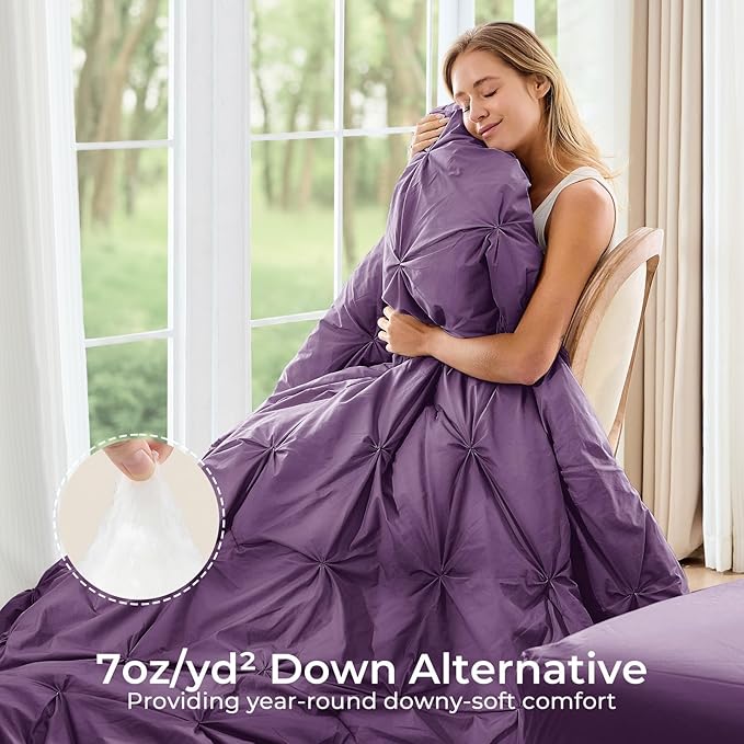 Sasttie King Size Comforter Set, 7-Piece Bed in a Bag, Pintuck Bedding Set for All Season, Includes Comforter, Flat Sheet, Fitted Sheet, Pillowcases and Pillowshams, Grape Purple