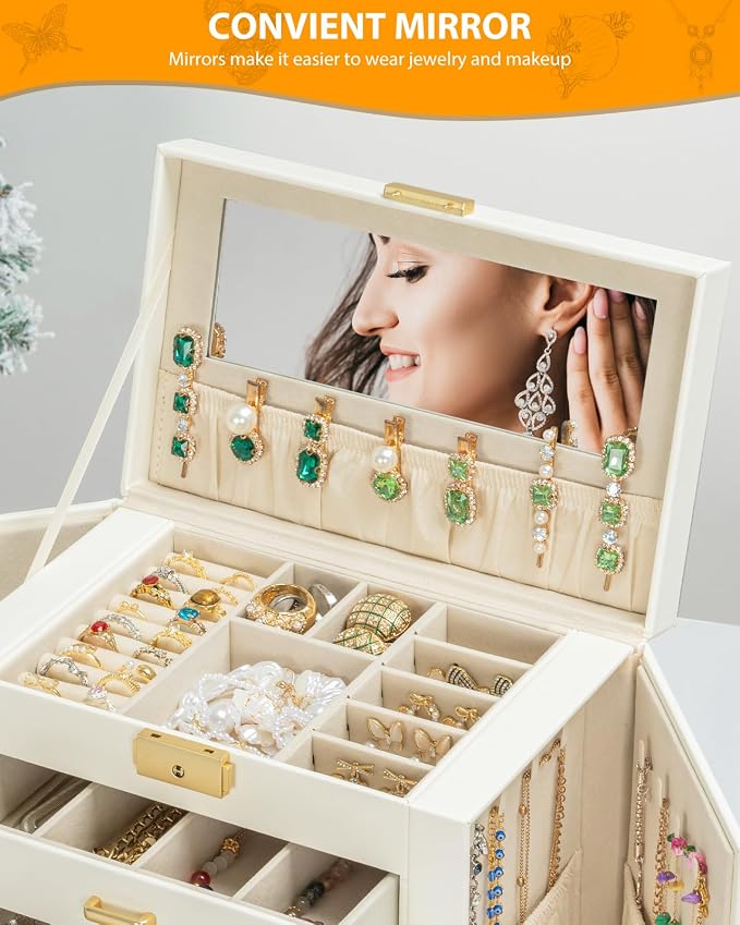 AKOZLIN Large 4-Tier Jewelry Box Leather Jewelry Storage Organizer with 3 Drawers Lockable for Women Girls Ring Necklace Earring Bracelet Watches Holder with Mirror White - Image 7