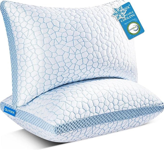 QUTOOL Enhanced Cooling Pillows for Sleeping, CertiPUR-US Shredded Memory Foam Pillows Queen Size Set of 2 for Hot Sleeper, Adjustable Bed Pillow for Side, Back, Stomach Sleepers Support Yet Soft Blue